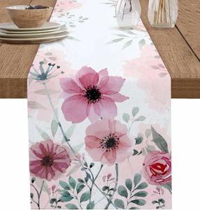 テーブルクロススプリング水彩花リネンランナーサマーフローラルドレッサースカーフ装飾キッチンダイニングウェディングパーティー