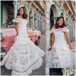 Urban Sexy Dresses Party Y Lace Hollow Out Ruffle Dress Women Bohemian Fashion Off Shoder Bridesmaids White Elegant Female Maxi Drop D Otkmt