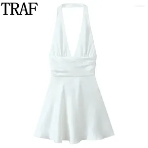 Casual Dresses TRAF Satin Halter Dress Summer Off Shoulder Short For Women Bow Backless Mini Woman Sexy Party Prom