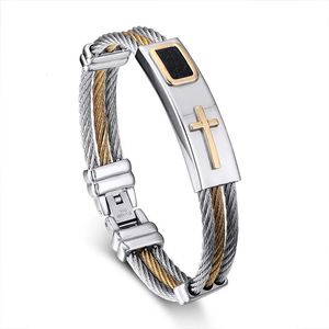 Moda męska Banles Banles Twisted Color Gold Stal nierdzewna stal nierdzewna Jezus Cross Charm Cuff Drut Bracelet biżuteria dla mężczyzn 240315