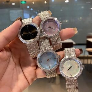 Wristwatches 2024 Luxury Lady Crystal Quartz WristWatch 4 Diamond Stainless Steel Watch Famous Sign Letter Logo Mother Pearl Shell Dial
