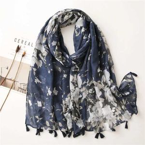 Sarongs Womens Autumn Navy Blue Abstract Flower Shawnsive Shawn عالية الجودة عبوة Pashmina Snow Bufandas Muslim Beach 180 * 90cm 240325