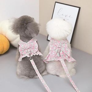 Dog Apparel Dresses Ruffle Trim Puppy Dress With Pulling Rope Bowknot Floral Printing Dogs Harness Adorable Pet Clothes For Daily Wear