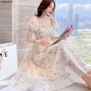 Summer New French Ink Painting Bubble Sleeves Wrap Waist to Show Slim Temperament Ladies Fragmented Chiffon Dress