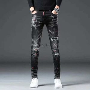 Herren Jeans High Street 2022 Mode Lässige Tear Jeans Herren Patch Jugend Jeans Malerei Spritzer Tinte Schwarz Bleistift Hosen Enge Jeans HerrenL2403