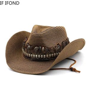 Szerokie brzegi czapki wiadra Hats ręcznie robione trawa zachodnia kobiet kowboja kapelusz lato zwinięte brzegi plażowe sun hat panama kowboja dziewczyna jazz hat j240325