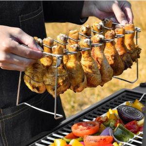 Grille BBQ Kurczak z nóg z nogi stojak na grilla z patelnią o kroplówki 12 gniazd ze stali nierdzewnej Pieczone bębny uchwyty palacze piekarnik łatwo oczyszczony stojak