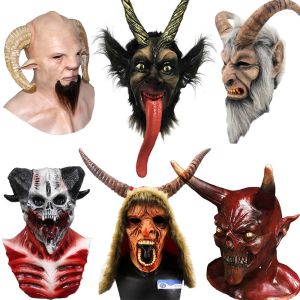 Máscaras chifre diabo demônio máscara de látex realista krampus demônio máscara chirstmas traje headwear festa adereços horríveis