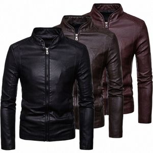 Herren Herbst Slim PU Leder Jacke Motorrad Winproof coole feste Farben Klassiker Biker Leder Jacke Aviator Motor Spring Coat P9PZ#