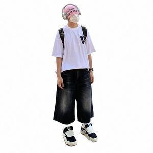 Reddachic låg midja breda benjorts för män på baggy jeans beskurna löst casual denim korta byxor harajuku retro y2k hiphop byxor q5xx#