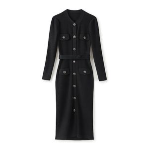 2024 Spring Black Solid Color Waist Belted Dress Long Sleeve Round Neck Knitted Buttons Midi Casual Dresses W4M016103