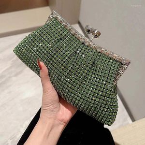 Totes Green Sparkly Rhinestone Purses For Women Formal Evening Wedding Party Bridal Handbag Twin Top Clasp Stängning Koppling axelväska