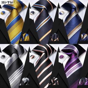 Neck Ties Neck Ties Hi-Tie Men Fashion Striped Navy Blue Necktie Handkerchief Cufflinks for Tuxedo Accessory ic Silk Luxury Tie for Man Gift Y240325