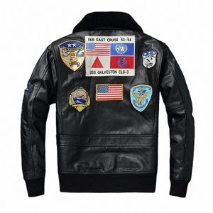 Topppilot pistolen G2 Ny svart skinnjacka Herrläder Air Force Jacket tjock ull krage vinter äkta Aviati -kappa w5yg#