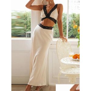 Work Dresses Women 2 Piece Skirt Outfits Sleeveless Lace Patchwork Crop Tops And Long Summer Clothes Set For Party Evening Prom Luxury Otyxz