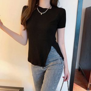 2024 Summer Internet Celebridade Instagram Super Fire Slim Fit Side Split Split Black Manutenção curta Camiseta feminina Trendy Unique Trendy