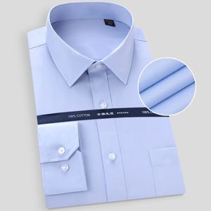 Vestido masculino de alta qualidade, sem engomar, camisa de manga comprida, sólido, plus size, ajuste regular, listra, camisa de negócios, branco, azul 240318