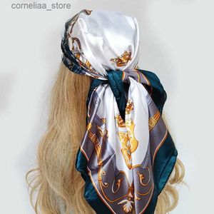 Bandanas Durag Bandanas Durag Mode Kopftuch Haarschal Für Frauen Blumendruck Seidensatin Hijab Schals 9090 cm Quadratischer Schal Stirnband Schals Für Damen 2022 Y24032