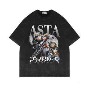 Washed Distressed Short Sleeved T-shirt with Black Clover Anime Trend American Oversize Top
