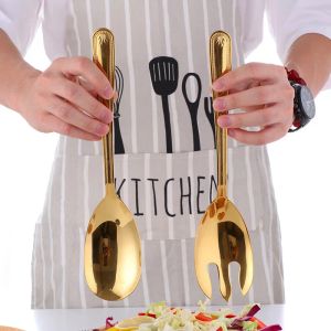 Sets Stainless Steel Gold Salad Spoons Fork Cutlery Set Large Mixing Food Server Pasta Utensils Dinnerwar Kitchen Tableware Kit