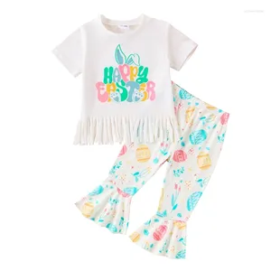 衣料品セット幼児の女の赤ちゃんイースター衣装半袖レタープリントタッセルTシャツトップフレアパンツ2PCSセット