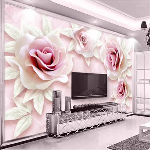 Wallpapers Wellyu Fresh And Simple 3d Embossed Pink Rose TV Backdrop Custom Large Fresco Green Wallpaper Papel De Parede Para Quarto