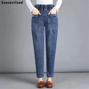 Capris elástico de cintura alta fazer velho baggy jeans vintage feminino harem calças casuais denim oversize capris coreano streetwear vaqueros