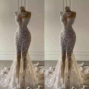 Sjöjungfrun klänningar kristall ny se genom spets applicerade brudklänningar lyxiga paljett dubai bröllopsklänning Anpassa CC