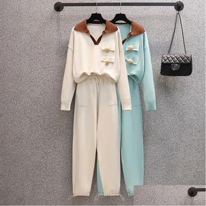 Womens Two Piece Pants 2024 Autumn Long Sleeve Knit Bear Plover Sweaters Elastic Waist Sets Fashion Trousers Pieces Costumes Outfit Dr Otnzc