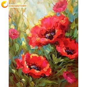 Numero CHENISTORY Dipingi con i numeri 40x50 cm Immagine a olio di fiori rossi incorniciata per numero Pigmento acrilico fatto a mano Disegno su tela Artigianato