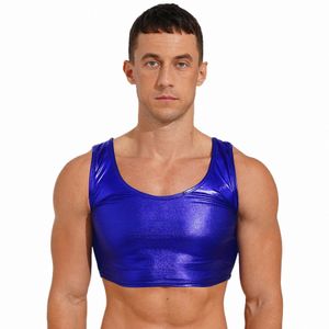 Canotte da uomo metallizzate lucide Top effetto bagnato Gilet Fi Sleevel Crop Top Rave Festival Party Stage Performance Clubwear x6TF #