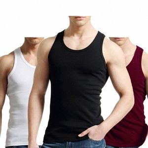 Tank tops män 100% Cott Solid Vest Male Breattable Sleewel Tops Slim Casual bekväm undertröja Mens Gift Y82x#