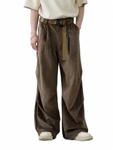 Houzhou Pleated Brished Pants Men Hip Hop Korean Wide Leg Pouncer