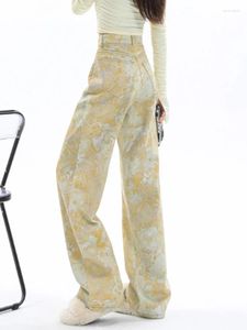 Women's Pants Korejepo Yellow Tie Dyed Jeans Spring Autumn Women Halo Flower Loose Wide Leg Colored Casual Versatile Chic Bottoms