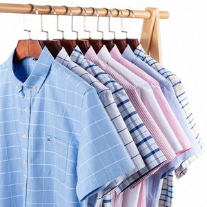 100% Cott Breathable Men Oxford Short Sleeve Summer Plaid Shirts Striped Male Clothes Busin Regular Fit Oversized G1VC#