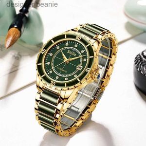 Wristwatches SEAKOSS Jadeite Mechanical Mens Automatic Waterproof Luminescent Watch Gold Plated Stainless Steel Mens Timing WatchC24410