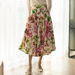 Spódnice elegancka moda linijka luźna kwiatowa druk Koreańska vintage żeńska wysoka talia plisowana letnia trend damski odzież m32