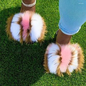 Sapatos casuais femininos peludos mulheres outono inverno real pele de raposa fuzzy chinelos slides quentes flat home mules