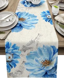 Table Cloth Spring Summer Blue Peony Watercolor Floral Linen Runners Dresser Scarf Deocr Kitchen Home Dining Holiday Party Decor