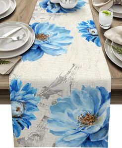 Tischdecke Frühling Sommer Blau Pfingstrose Aquarell Blumen Leinen Läufer Kommode Schal Deocr Küche Zuhause Essen Urlaub Party Dekor