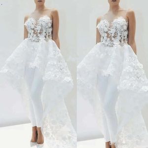 Lace Applique Bridal Jumpsuits With Train For Women Elegant 3D Floral Detachable Skirt White Wedding Pant Suit Dress