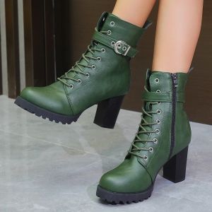 Boots Green Large Size Winter Women's Boots 2023 New Horse Boots Biker Boots Chunky Rubber Bottom High Heel Boots platform heels