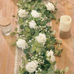 Dekoracja impreza radość sztuczne kwiaty jedwabne róża gipsophila girland fałszywy eukaliptus winorośl wiszące rośliny