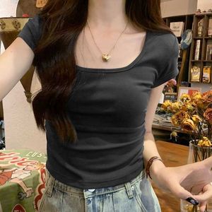 Женская футболка с короткими рукавами, лето 2024, квадратный воротник, тонкая и маленькая фигура, уникальный дизайн, уменьшающий возраст морщин