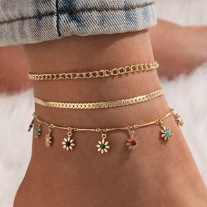 Anklets 3st/set sommarkontor Multi-lagers kedja Blomma hänge för kvinna guldfärg smycken kvinnor armband på benet