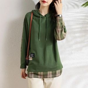 Women's Hoodies Hooded Plaid Woman Clothing Green Top Pullovers Yellow Baggy Loose Sweatshirt Sport Dropshiping Kpop Matching M