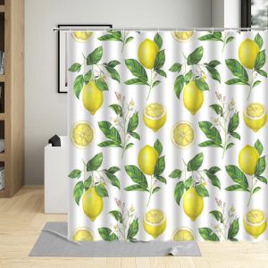 Cortinas de frutas tropicais, cortina de chuveiro de abacaxi, desenho animado, série refrescante, banheiro, decoração de limão com ganchos, à prova d'água