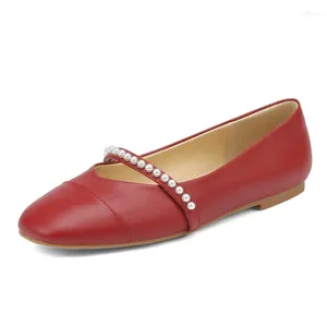 Casual Shoes äkta läder Mary Janes Women Flats SmallHut 2024 Spring Aprciot Wine Red Splicing String Beading Lady Ballet Flat Flat