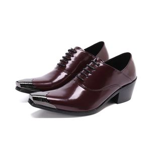 Classic Red Square Toe Mid Heel Men Oxfords Shoes Business Man Real Leather Lace Up Brogue Shoes Wedding Party Prom Formal Shoes