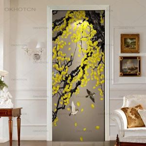 Adesivos Golden Ginkgo Flower Wall Art Decal Adesivo para porta de casa 3D autoadesivo decoração renovação papel de parede impressão imagem hd na porta